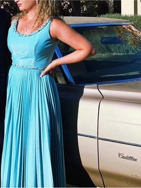 Elegant Pleated Aqua Evening Dress